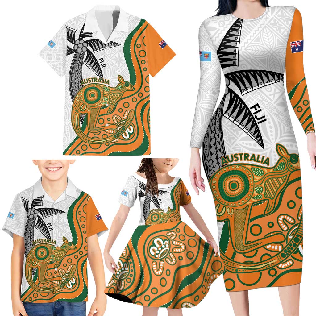 Custom Fiji And Australia Rugby Family Matching Long Sleeve Bodycon Dress and Hawaiian Shirt Fijian Palm Tree Mix Aussie Kangaroo LT14 - Polynesian Pride