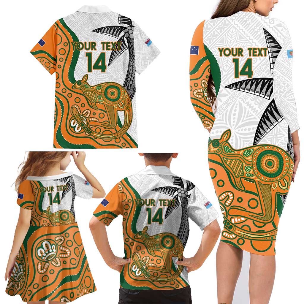 Custom Fiji And Australia Rugby Family Matching Long Sleeve Bodycon Dress and Hawaiian Shirt Fijian Palm Tree Mix Aussie Kangaroo LT14 - Polynesian Pride