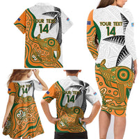 Custom Fiji And Australia Rugby Family Matching Long Sleeve Bodycon Dress and Hawaiian Shirt Fijian Palm Tree Mix Aussie Kangaroo LT14 - Polynesian Pride