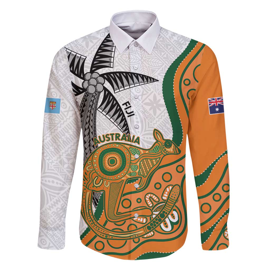 Custom Fiji And Australia Rugby Family Matching Long Sleeve Bodycon Dress and Hawaiian Shirt Fijian Palm Tree Mix Aussie Kangaroo LT14 Dad's Shirt - Long Sleeve Gold - Polynesian Pride