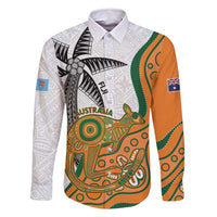 Custom Fiji And Australia Rugby Family Matching Long Sleeve Bodycon Dress and Hawaiian Shirt Fijian Palm Tree Mix Aussie Kangaroo LT14 Dad's Shirt - Long Sleeve Gold - Polynesian Pride