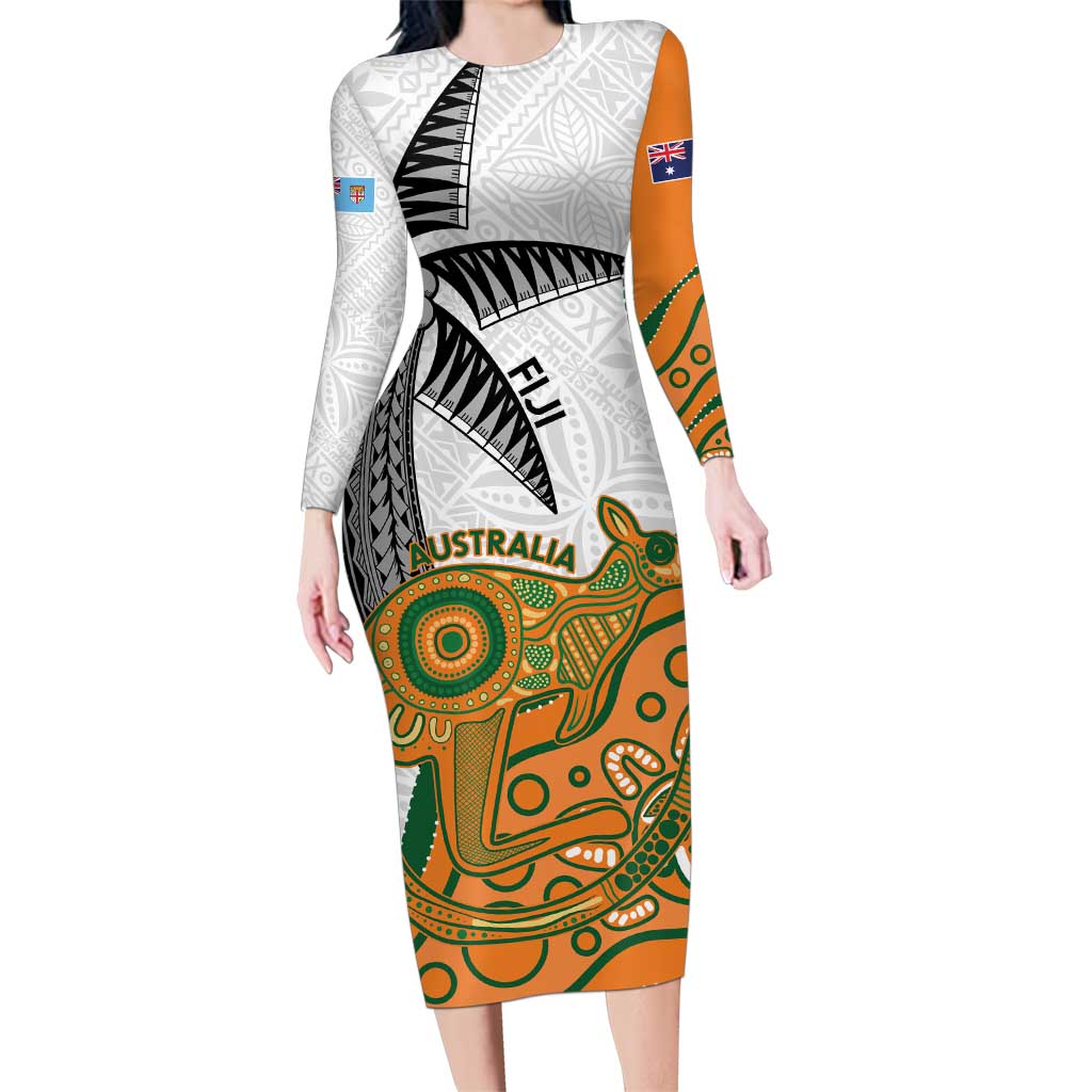 Custom Fiji And Australia Rugby Family Matching Long Sleeve Bodycon Dress and Hawaiian Shirt Fijian Palm Tree Mix Aussie Kangaroo LT14 Mom's Dress Gold - Polynesian Pride