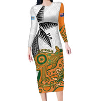Custom Fiji And Australia Rugby Family Matching Long Sleeve Bodycon Dress and Hawaiian Shirt Fijian Palm Tree Mix Aussie Kangaroo LT14 Mom's Dress Gold - Polynesian Pride
