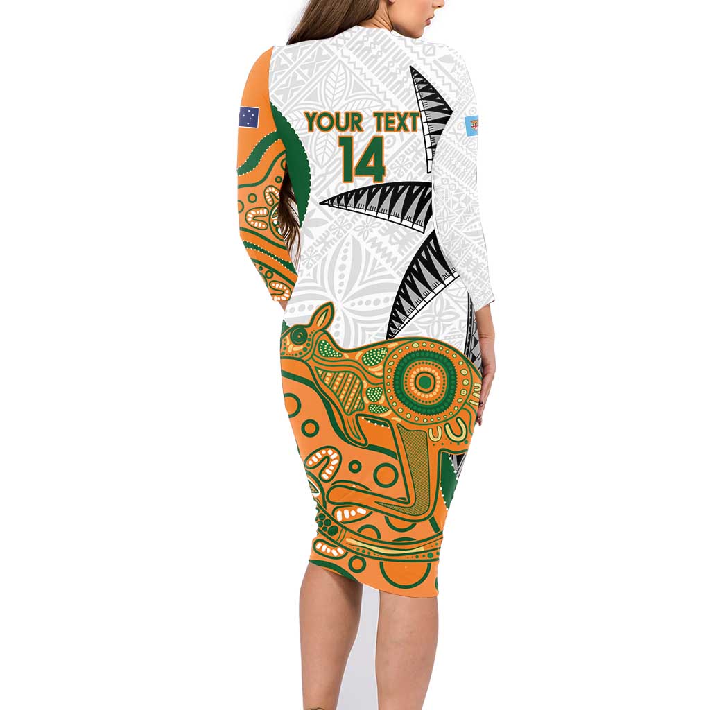 Custom Fiji And Australia Rugby Family Matching Long Sleeve Bodycon Dress and Hawaiian Shirt Fijian Palm Tree Mix Aussie Kangaroo LT14 - Polynesian Pride