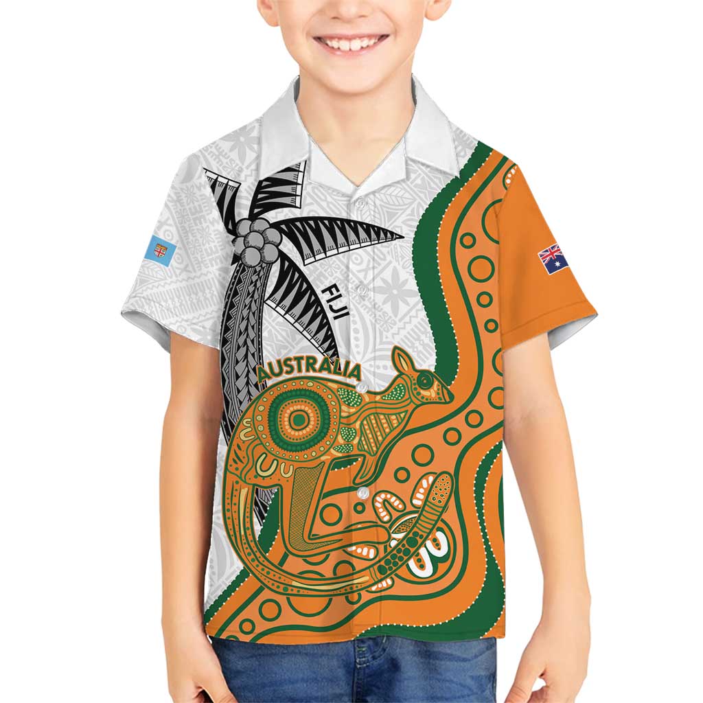 Custom Fiji And Australia Rugby Family Matching Long Sleeve Bodycon Dress and Hawaiian Shirt Fijian Palm Tree Mix Aussie Kangaroo LT14 Son's Shirt Gold - Polynesian Pride