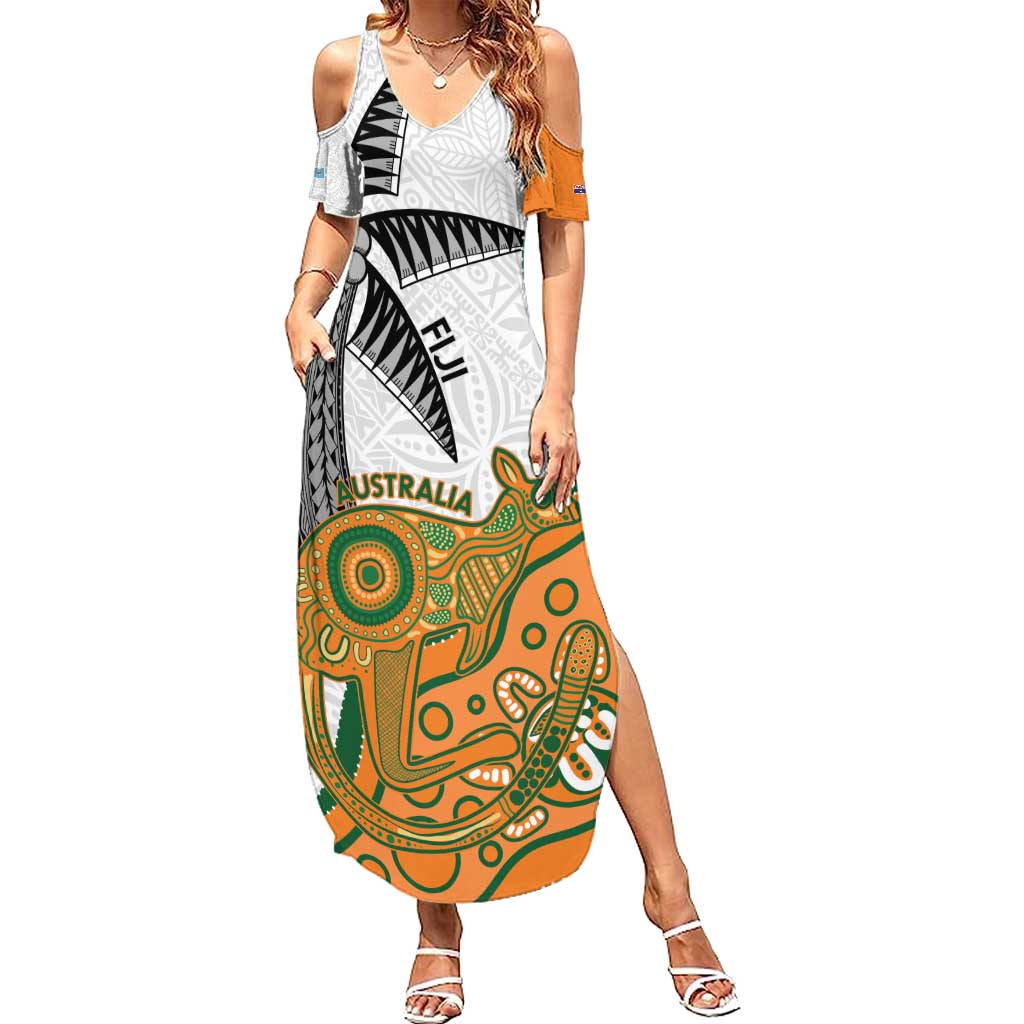 Custom Fiji And Australia Rugby Family Matching Summer Maxi Dress and Hawaiian Shirt Fijian Palm Tree Mix Aussie Kangaroo