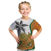 Custom Fiji And Australia Rugby Kid T Shirt Fijian Palm Tree Mix Aussie Kangaroo LT14 Gold - Polynesian Pride