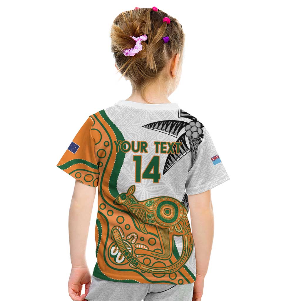 Custom Fiji And Australia Rugby Kid T Shirt Fijian Palm Tree Mix Aussie Kangaroo LT14 - Polynesian Pride