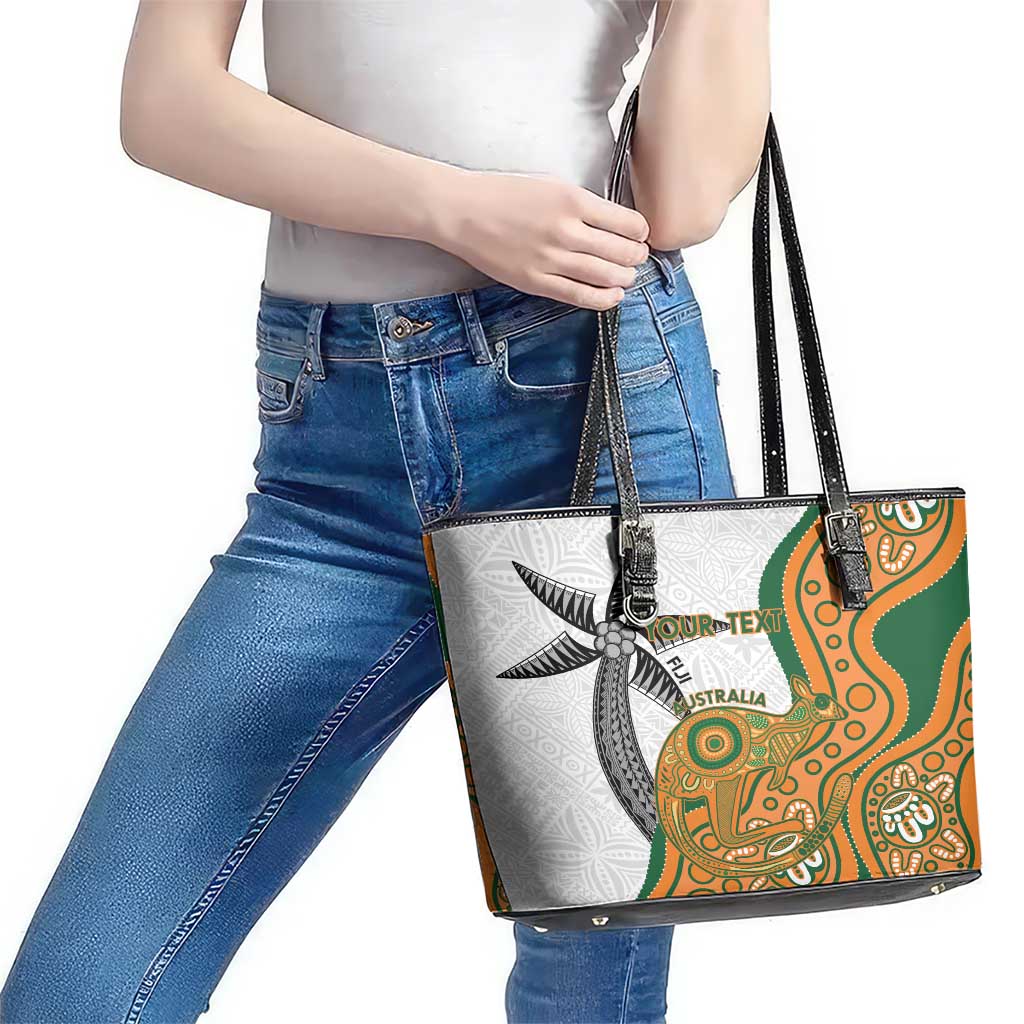 Custom Fiji And Australia Rugby Leather Tote Bag Fijian Palm Tree Mix Aussie Kangaroo