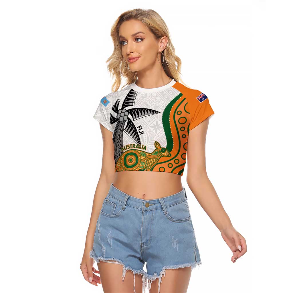 Custom Fiji And Australia Rugby Raglan Cropped T Shirt Fijian Palm Tree Mix Aussie Kangaroo LT14 Female Gold - Polynesian Pride