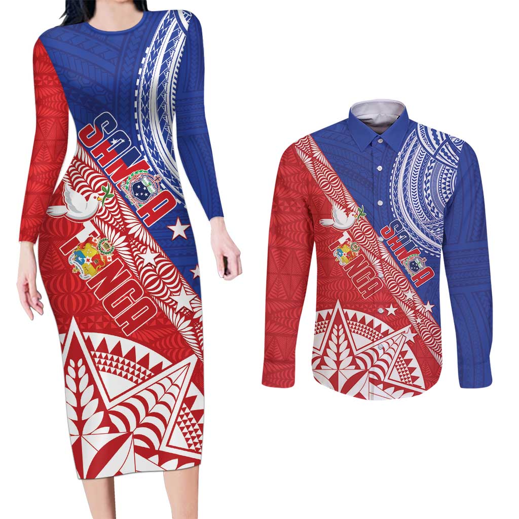Tonga and Samoa Rugby Custom Couples Matching Long Sleeve Bodycon Dress and Long Sleeve Button Shirt Ikale Tahi Manu Samoa Together - Polynesian Pride