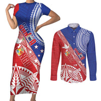 Tonga and Samoa Rugby Custom Couples Matching Short Sleeve Bodycon Dress and Long Sleeve Button Shirt Ikale Tahi Manu Samoa Together - Polynesian Pride