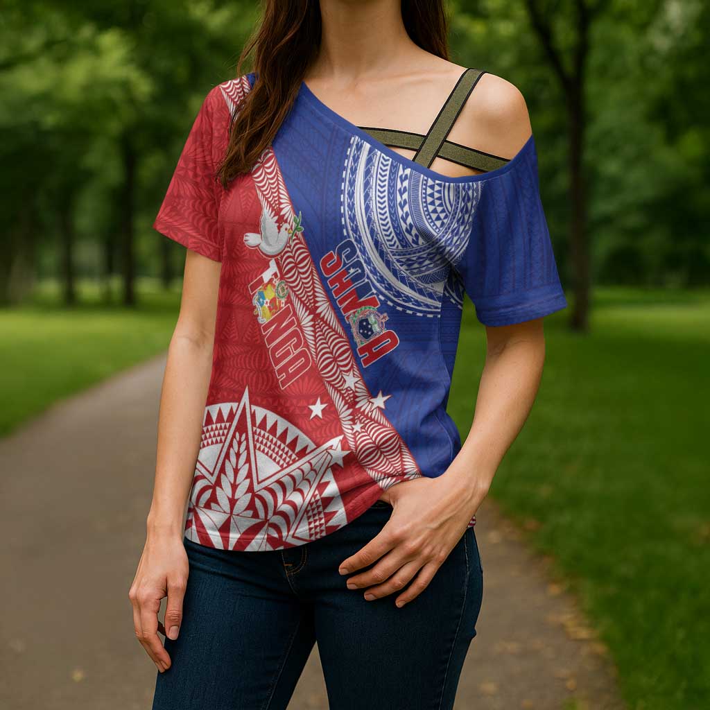 Tonga and Samoa Rugby Custom Cross Shoulder Shirt Ikale Tahi Manu Samoa Together - Polynesian Pride