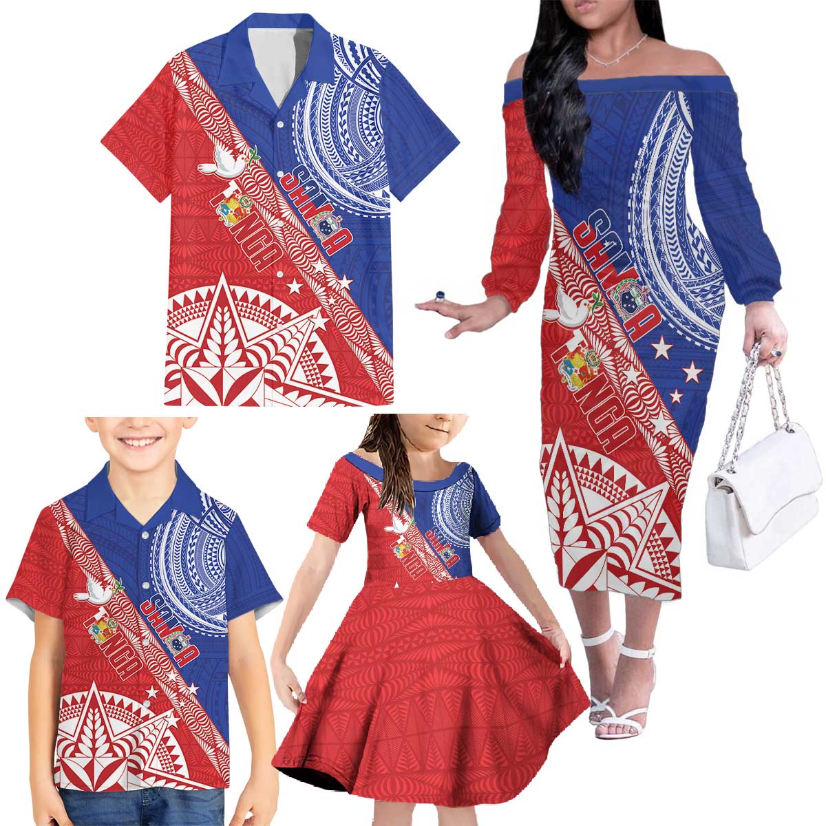 Tonga and Samoa Rugby Custom Family Matching Off The Shoulder Long Sleeve Dress and Hawaiian Shirt Ikale Tahi Manu Samoa Together - Polynesian Pride