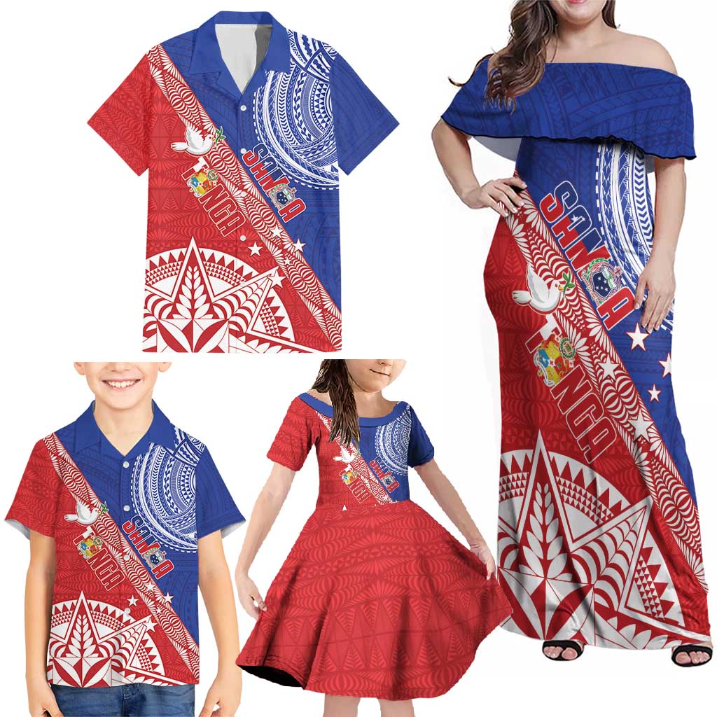 Tonga and Samoa Rugby Custom Family Matching Off Shoulder Maxi Dress and Hawaiian Shirt Ikale Tahi Manu Samoa Together - Polynesian Pride
