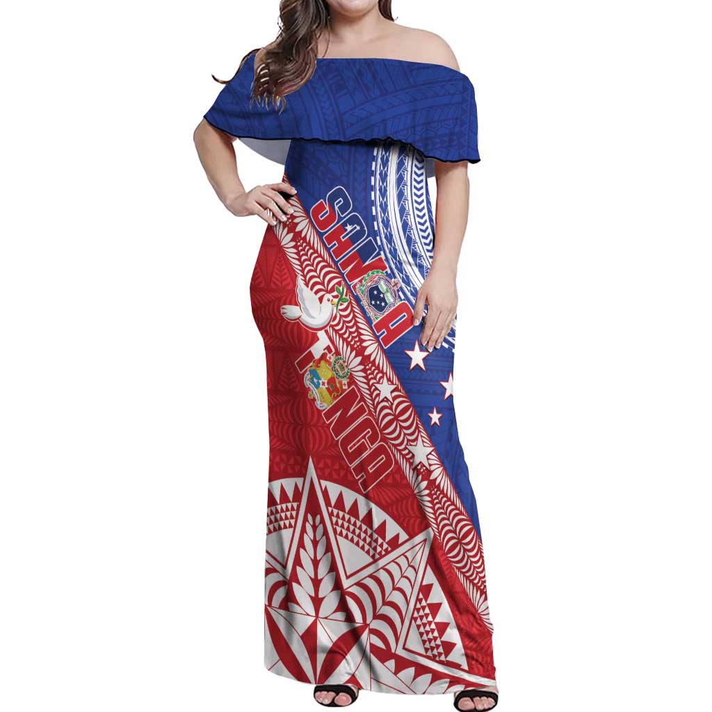 Tonga and Samoa Rugby Custom Off Shoulder Maxi Dress Ikale Tahi Manu Samoa Together - Polynesian Pride