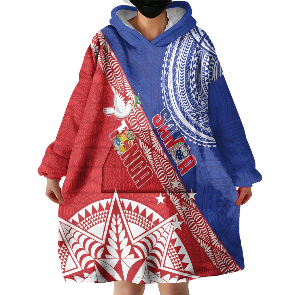 Tonga and Samoa Rugby Custom Wearable Blanket Hoodie Ikale Tahi Manu Samoa Together - Polynesian Pride