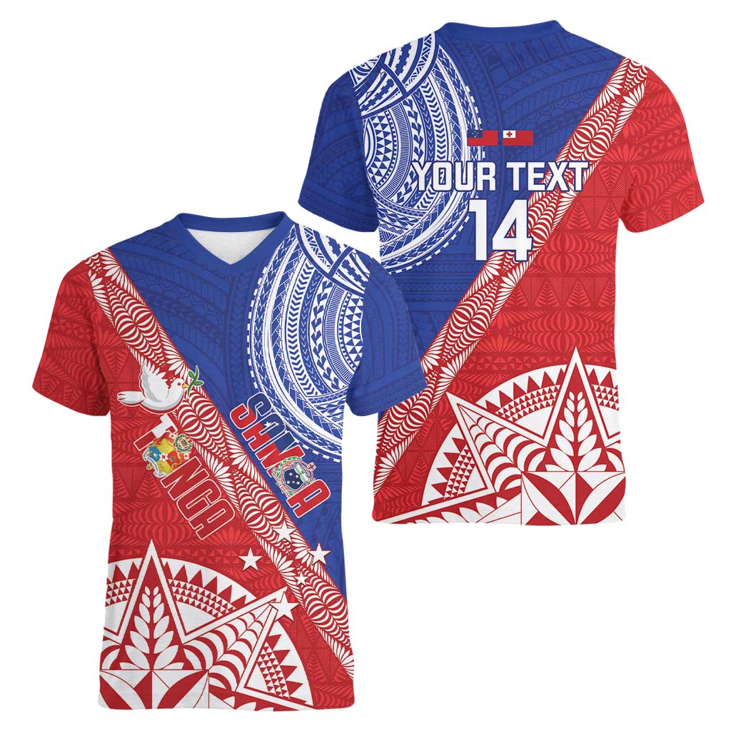 Tonga and Samoa Rugby Custom Women V-Neck T-Shirt Ikale Tahi Manu Samoa Together - Polynesian Pride