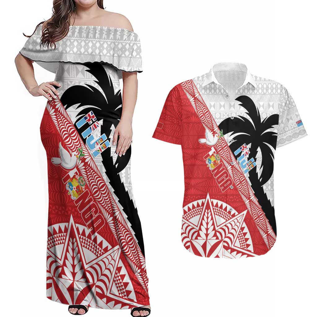 Fiji and Tonga Rugby Custom Couples Matching Off Shoulder Maxi Dress and Hawaiian Shirt Flying Fijians Ikale Tahi Together Pacific - Polynesian Pride