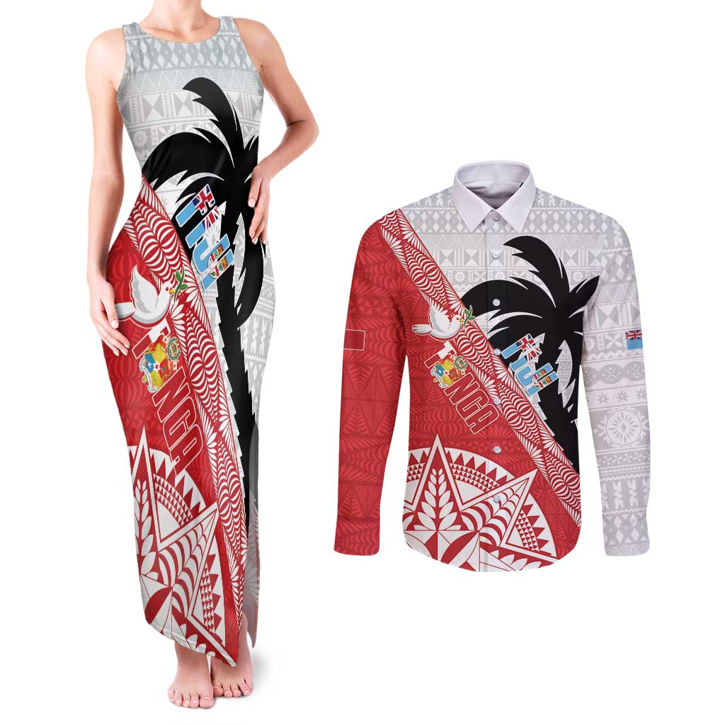 Fiji and Tonga Rugby Custom Couples Matching Tank Maxi Dress and Long Sleeve Button Shirt Flying Fijians Ikale Tahi Together Pacific - Polynesian Pride