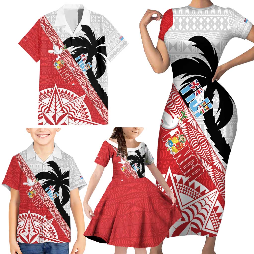 Fiji and Tonga Rugby Custom Family Matching Short Sleeve Bodycon Dress and Hawaiian Shirt Flying Fijians Ikale Tahi Together Pacific - Polynesian Pride