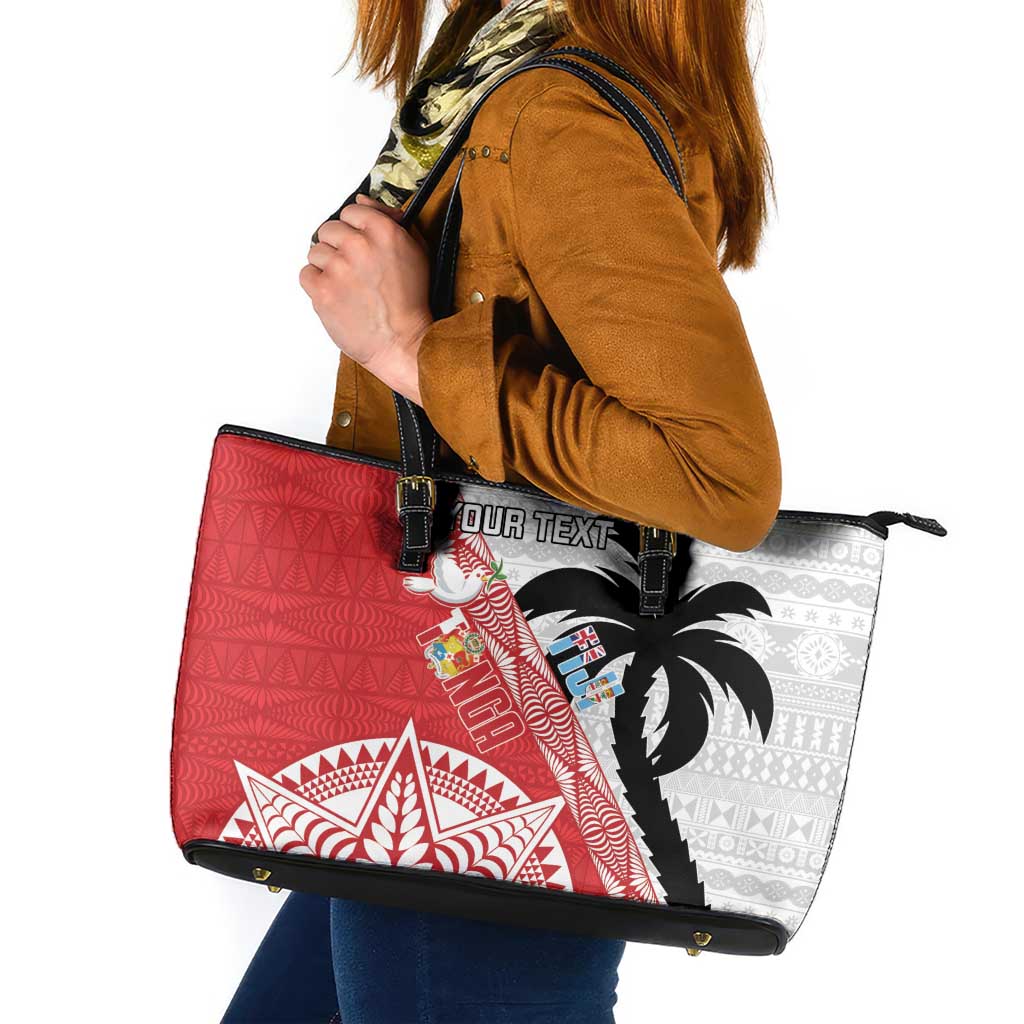 Fiji and Tonga Rugby Custom Leather Tote Bag Flying Fijians Ikale Tahi Together Pacific - Polynesian Pride