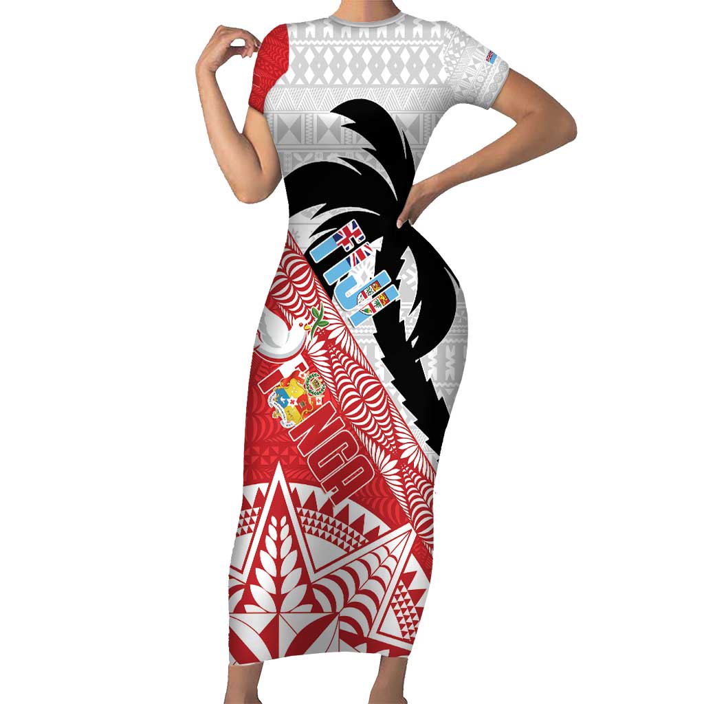 Fiji and Tonga Rugby Custom Short Sleeve Bodycon Dress Flying Fijians Ikale Tahi Together Pacific - Polynesian Pride