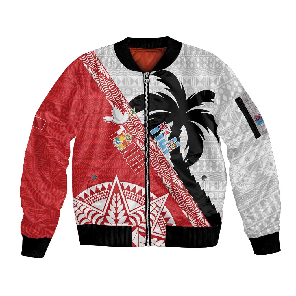 Fiji and Tonga Rugby Custom Sleeve Zip Bomber Jacket Flying Fijians Ikale Tahi Together Pacific - Polynesian Pride