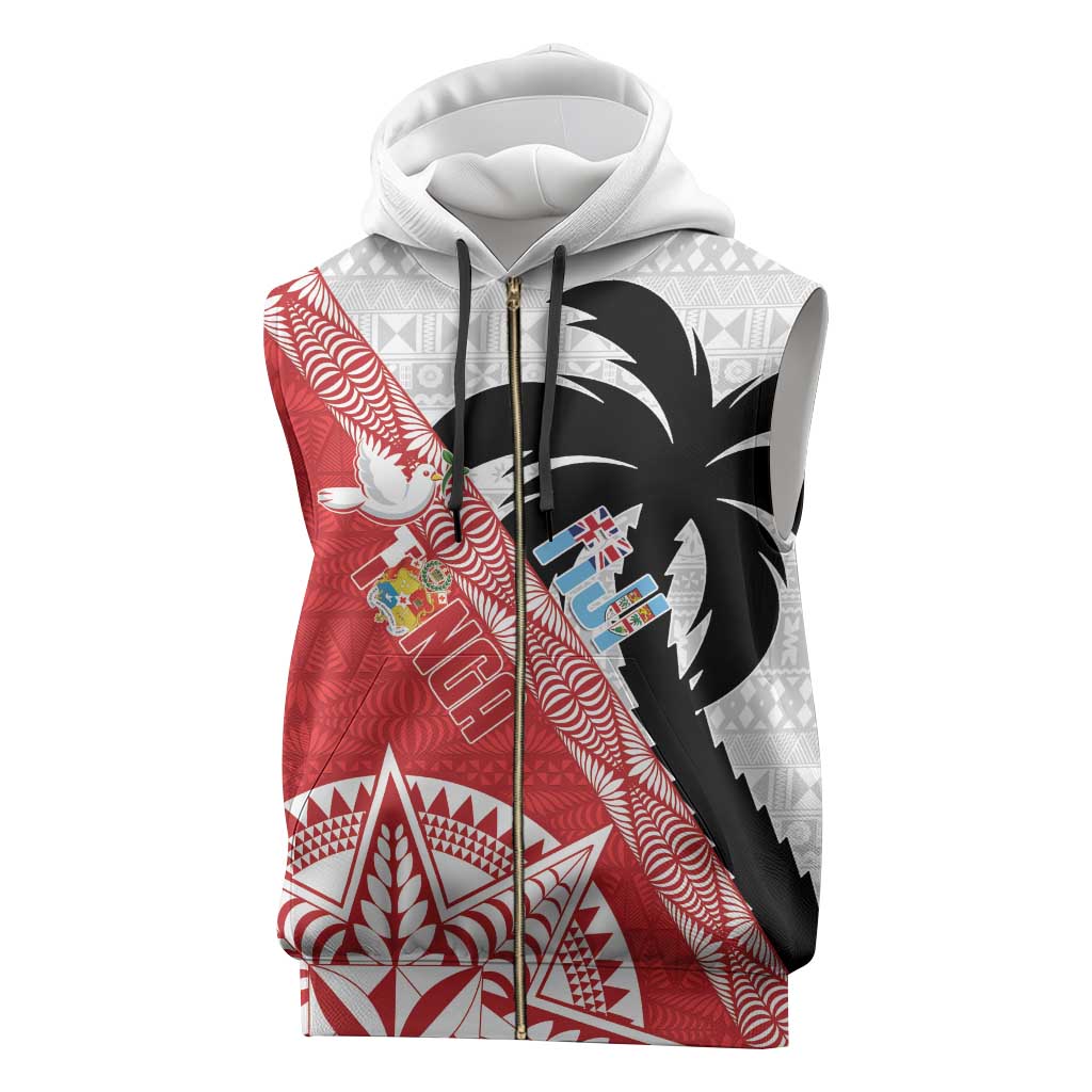 Fiji and Tonga Rugby Custom Sleeveless Zip Hoodie Flying Fijians Ikale Tahi Together Pacific - Polynesian Pride