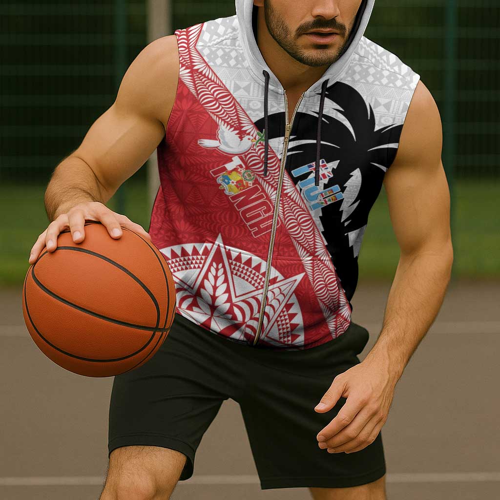 Fiji and Tonga Rugby Custom Sleeveless Zip Hoodie Flying Fijians Ikale Tahi Together Pacific - Polynesian Pride