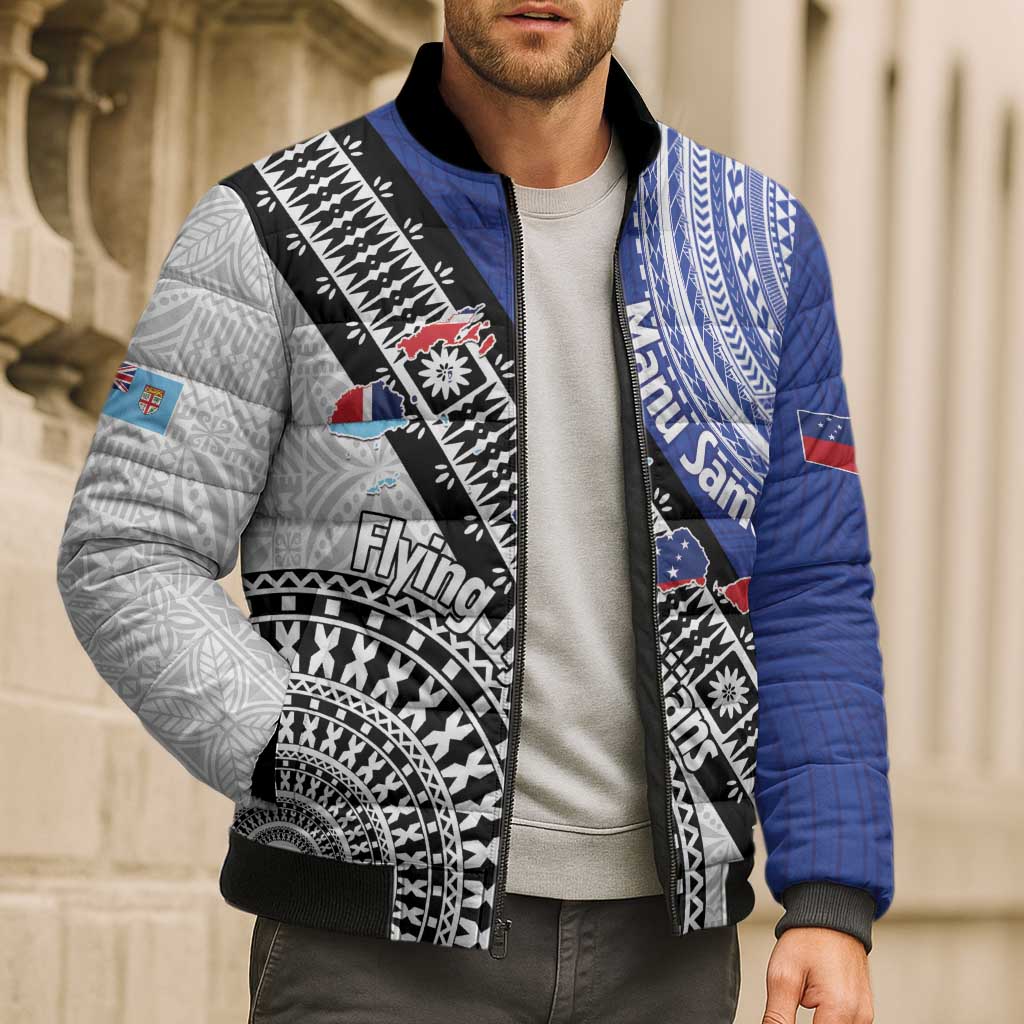 Fiji an Samoa Rugby Custom Bomber Puffer Jacket Flying Fijians Manu Samoa Together Pacific - Polynesian Pride