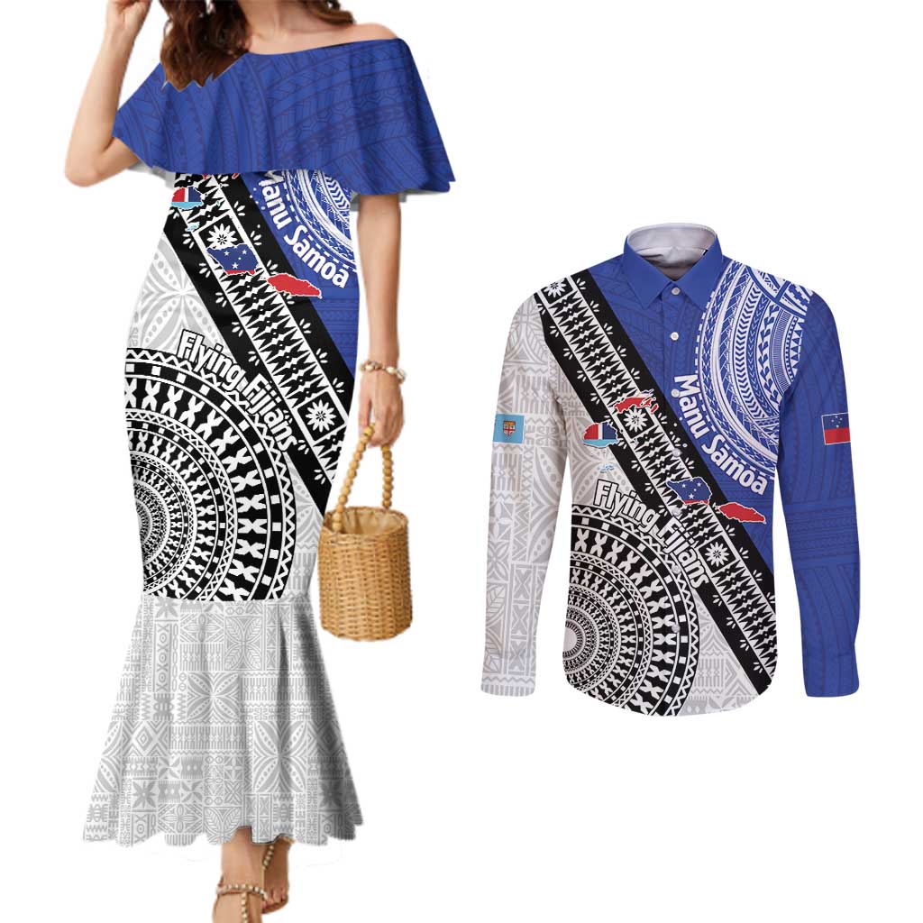 Fiji an Samoa Rugby Custom Couples Matching Mermaid Dress and Long Sleeve Button Shirt Flying Fijians Manu Samoa Together Pacific - Polynesian Pride