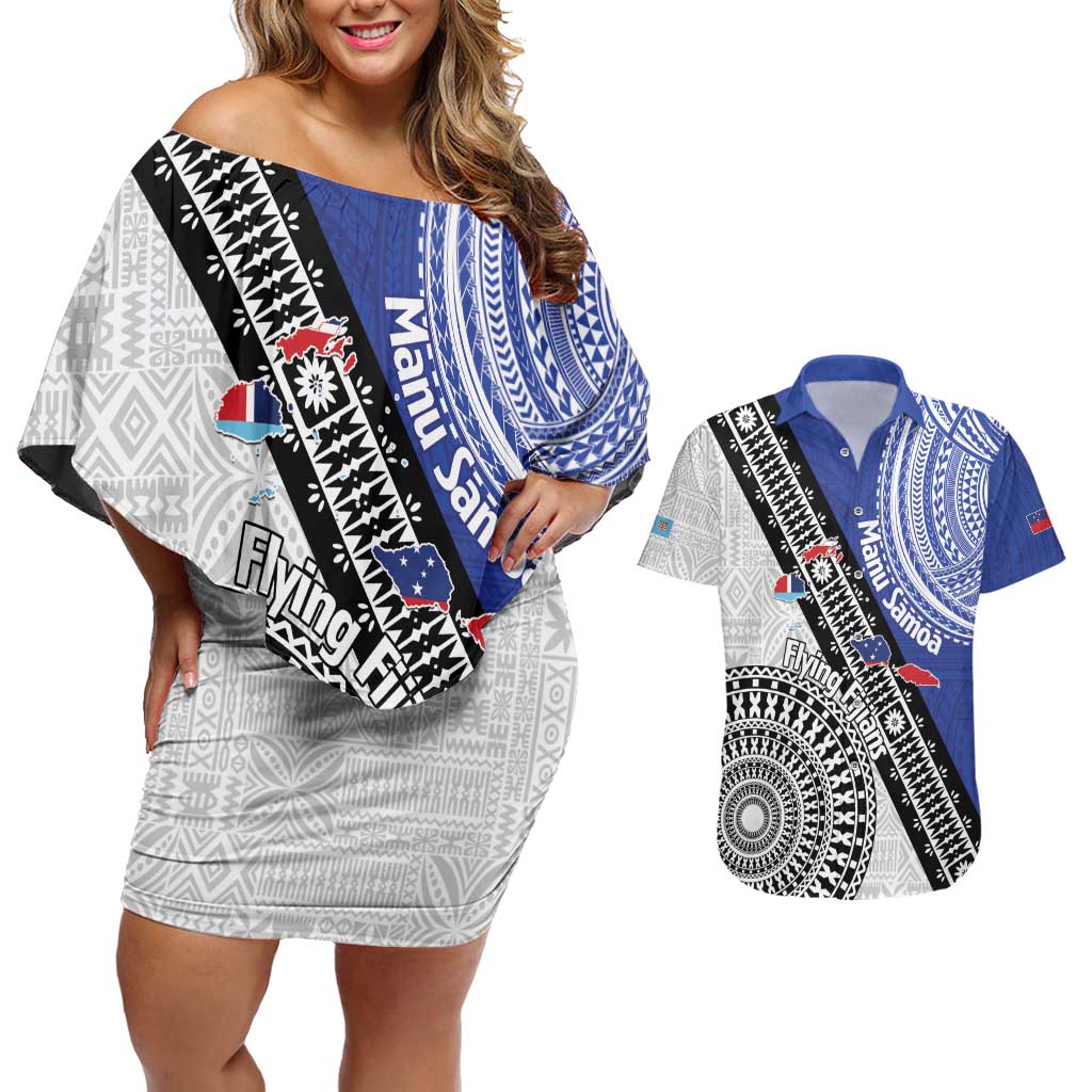 Fiji an Samoa Rugby Custom Couples Matching Off Shoulder Short Dress and Hawaiian Shirt Flying Fijians Manu Samoa Together Pacific - Polynesian Pride
