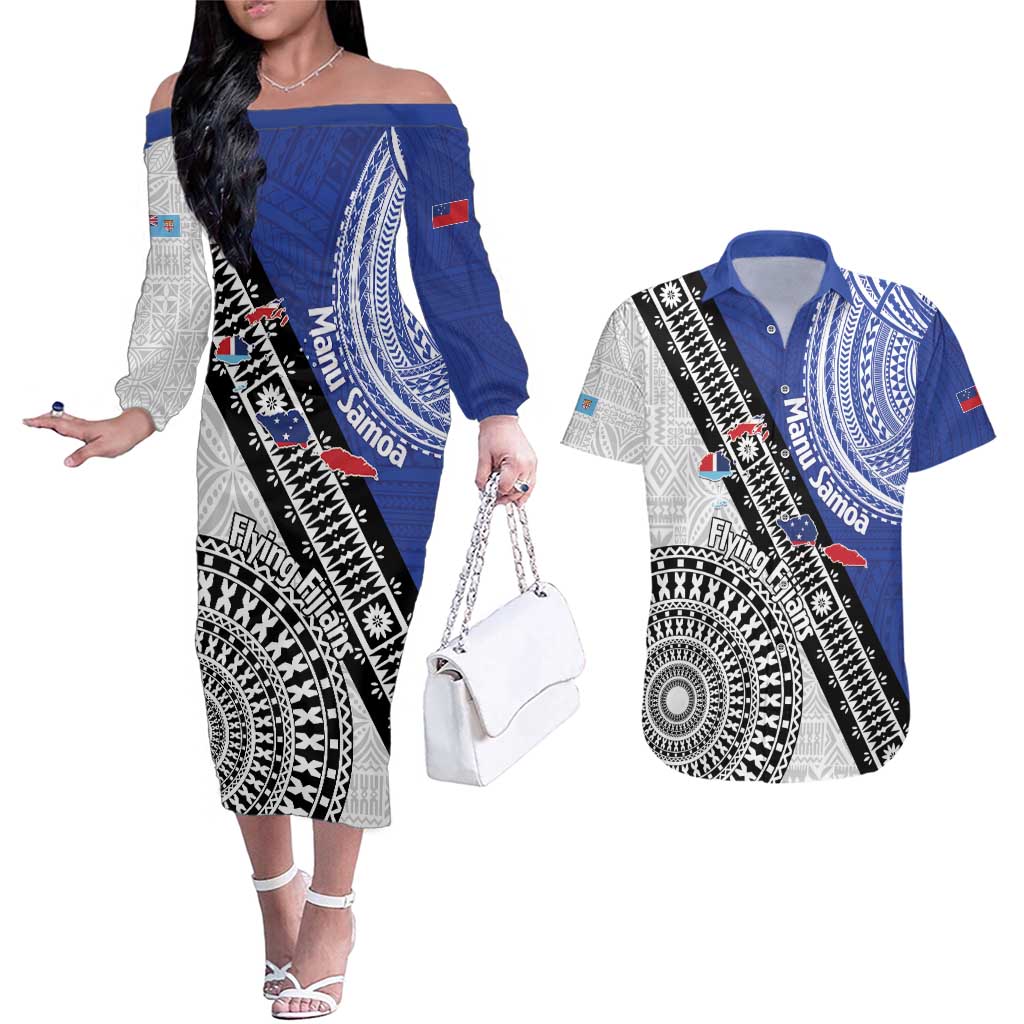 Fiji an Samoa Rugby Custom Couples Matching Off The Shoulder Long Sleeve Dress and Hawaiian Shirt Flying Fijians Manu Samoa Together Pacific - Polynesian Pride