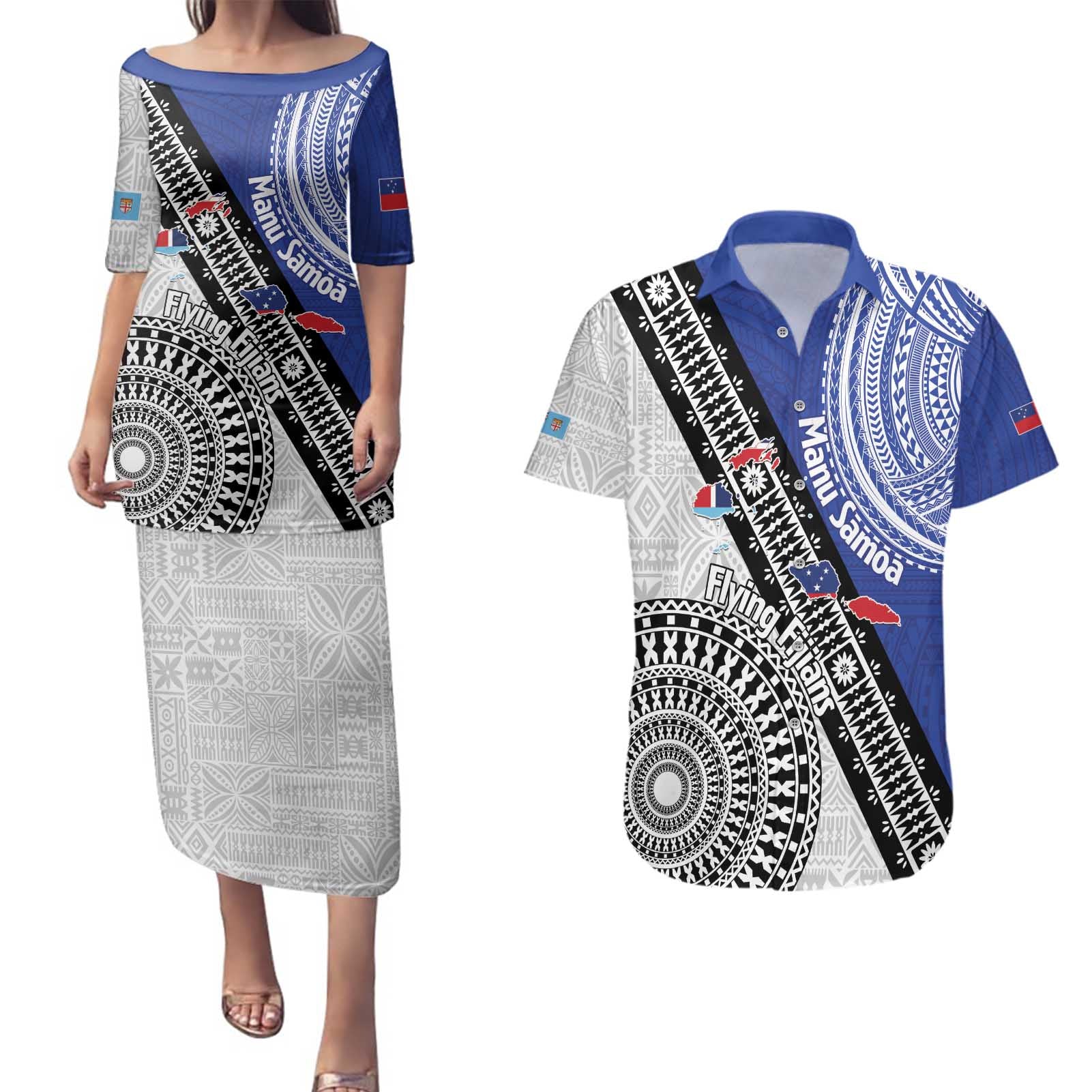 Fiji an Samoa Rugby Custom Couples Matching Puletasi and Hawaiian Shirt Flying Fijians Manu Samoa Together Pacific - Polynesian Pride