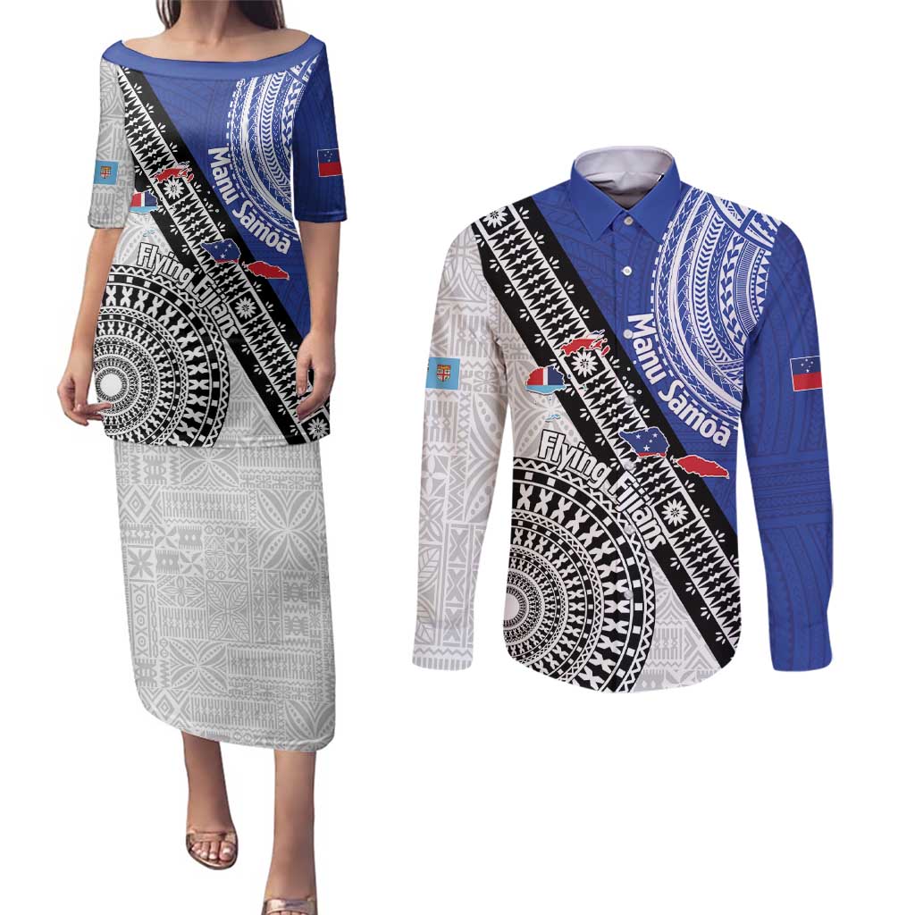 Fiji an Samoa Rugby Custom Couples Matching Puletasi and Long Sleeve Button Shirt Flying Fijians Manu Samoa Together Pacific - Polynesian Pride