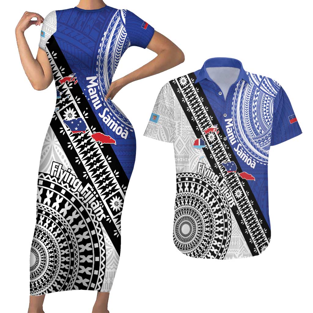 Fiji an Samoa Rugby Custom Couples Matching Short Sleeve Bodycon Dress and Hawaiian Shirt Flying Fijians Manu Samoa Together Pacific - Polynesian Pride