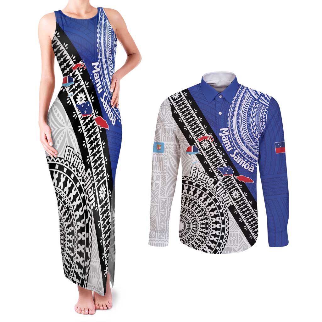 Fiji an Samoa Rugby Custom Couples Matching Tank Maxi Dress and Long Sleeve Button Shirt Flying Fijians Manu Samoa Together Pacific - Polynesian Pride