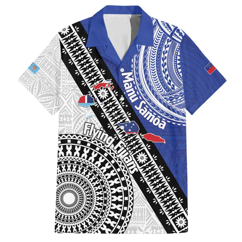 Fiji an Samoa Rugby Custom Family Matching Off Shoulder Maxi Dress and Hawaiian Shirt Flying Fijians Manu Samoa Together Pacific - Polynesian Pride