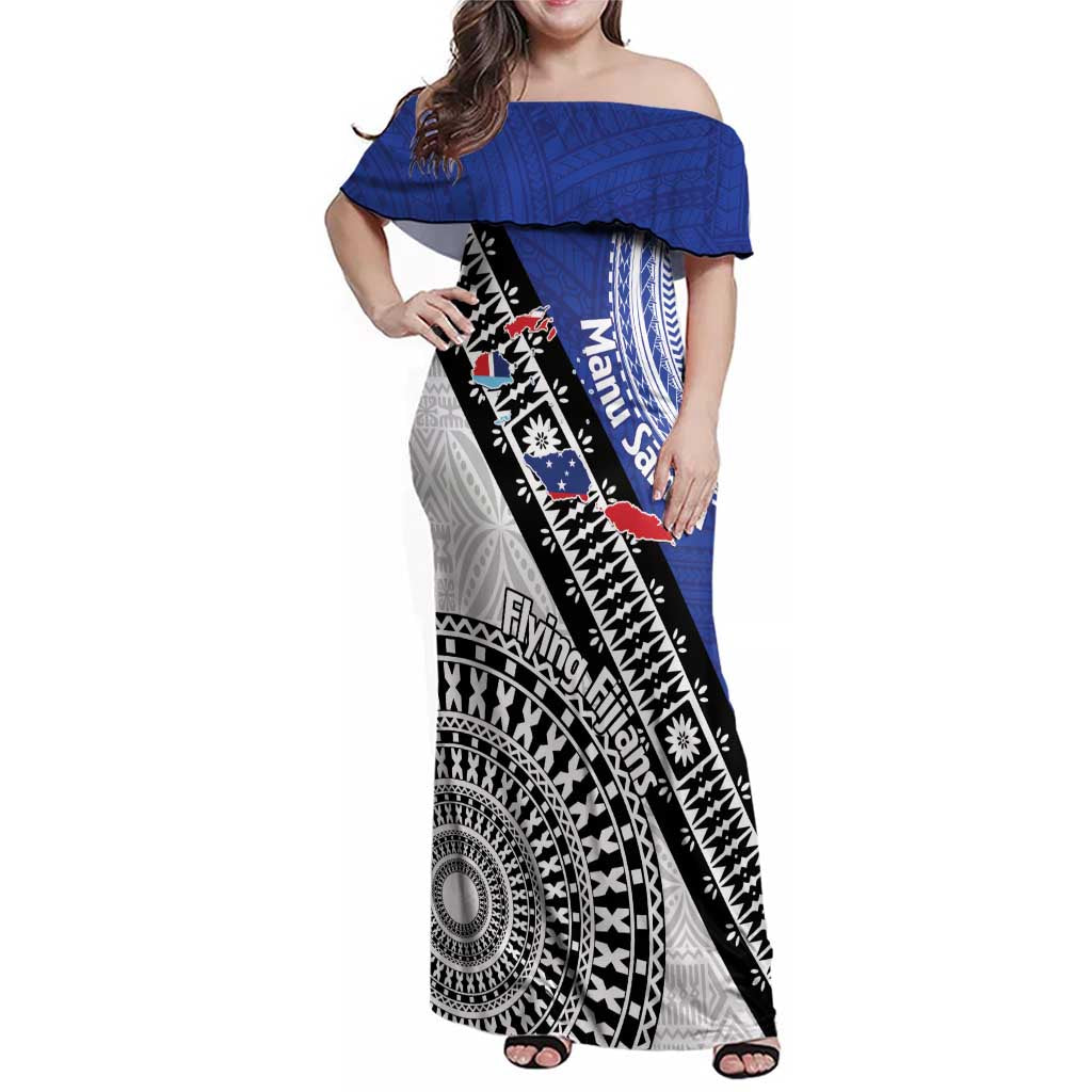 Fiji an Samoa Rugby Custom Family Matching Off Shoulder Maxi Dress and Hawaiian Shirt Flying Fijians Manu Samoa Together Pacific - Polynesian Pride