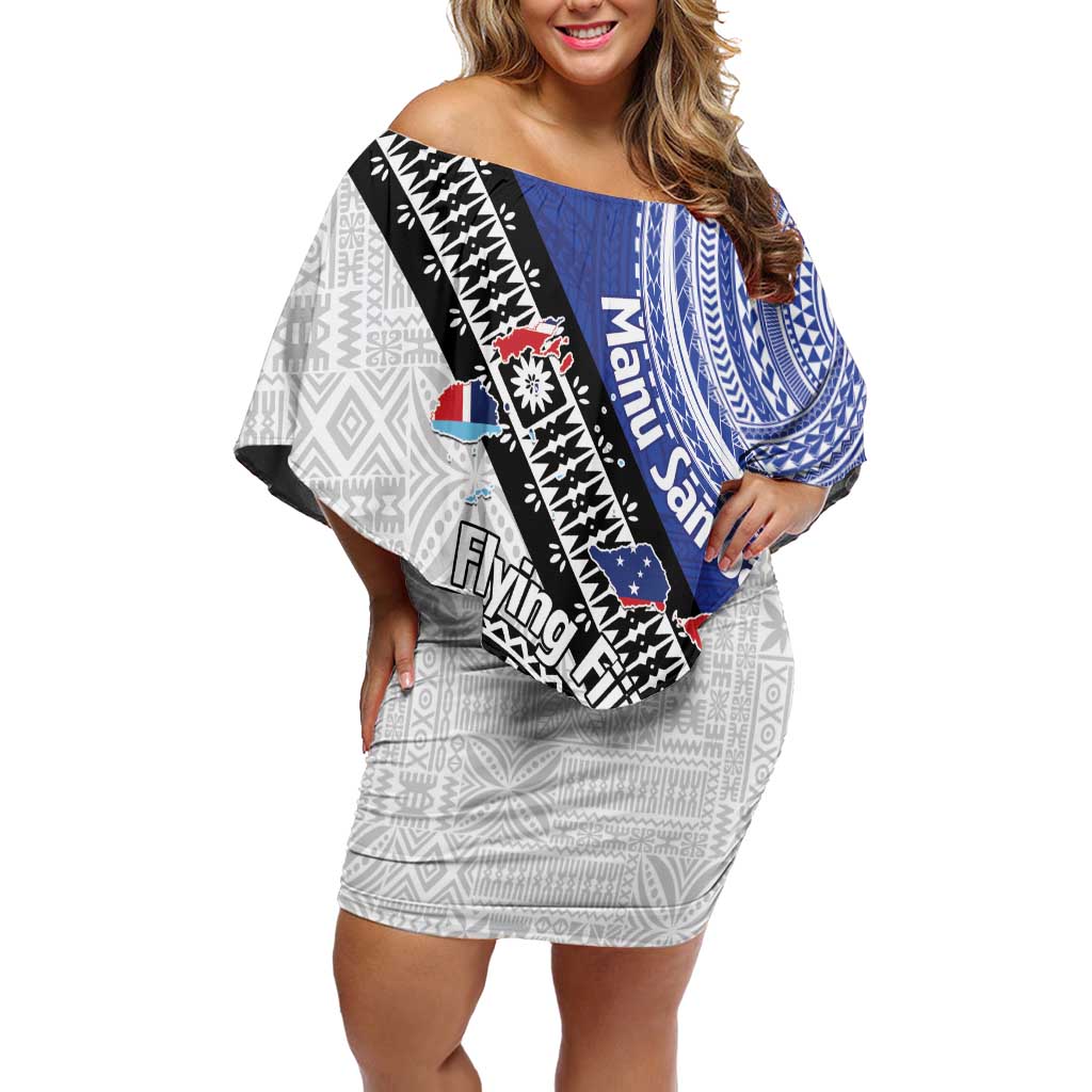 Fiji an Samoa Rugby Custom Family Matching Off Shoulder Short Dress and Hawaiian Shirt Flying Fijians Manu Samoa Together Pacific - Polynesian Pride