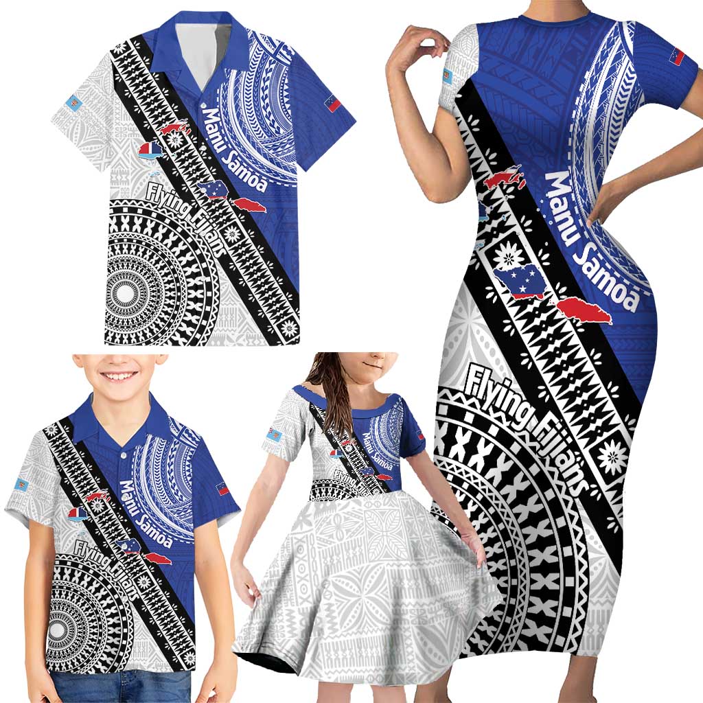 Fiji an Samoa Rugby Custom Family Matching Short Sleeve Bodycon Dress and Hawaiian Shirt Flying Fijians Manu Samoa Together Pacific - Polynesian Pride
