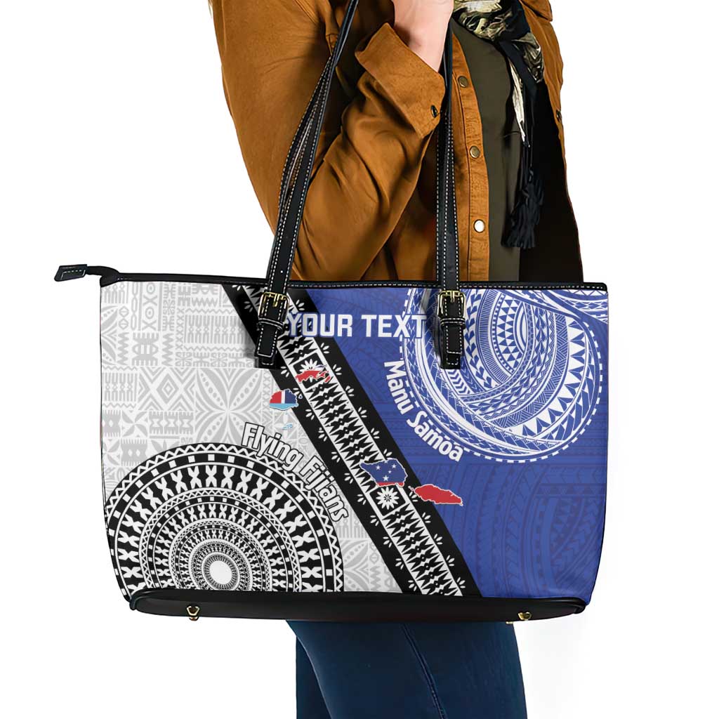 Fiji an Samoa Rugby Custom Leather Tote Bag Flying Fijians Manu Samoa Together Pacific - Polynesian Pride