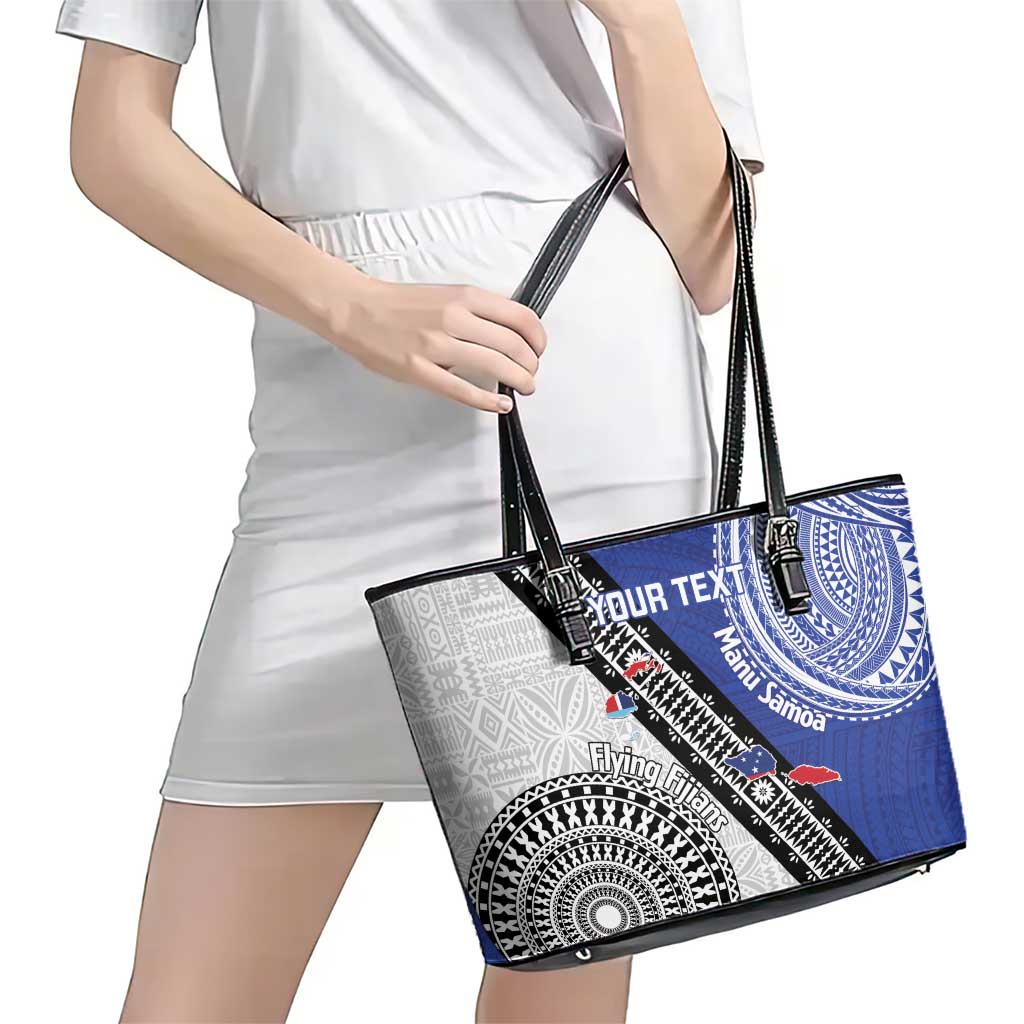 Fiji an Samoa Rugby Custom Leather Tote Bag Flying Fijians Manu Samoa Together Pacific - Polynesian Pride