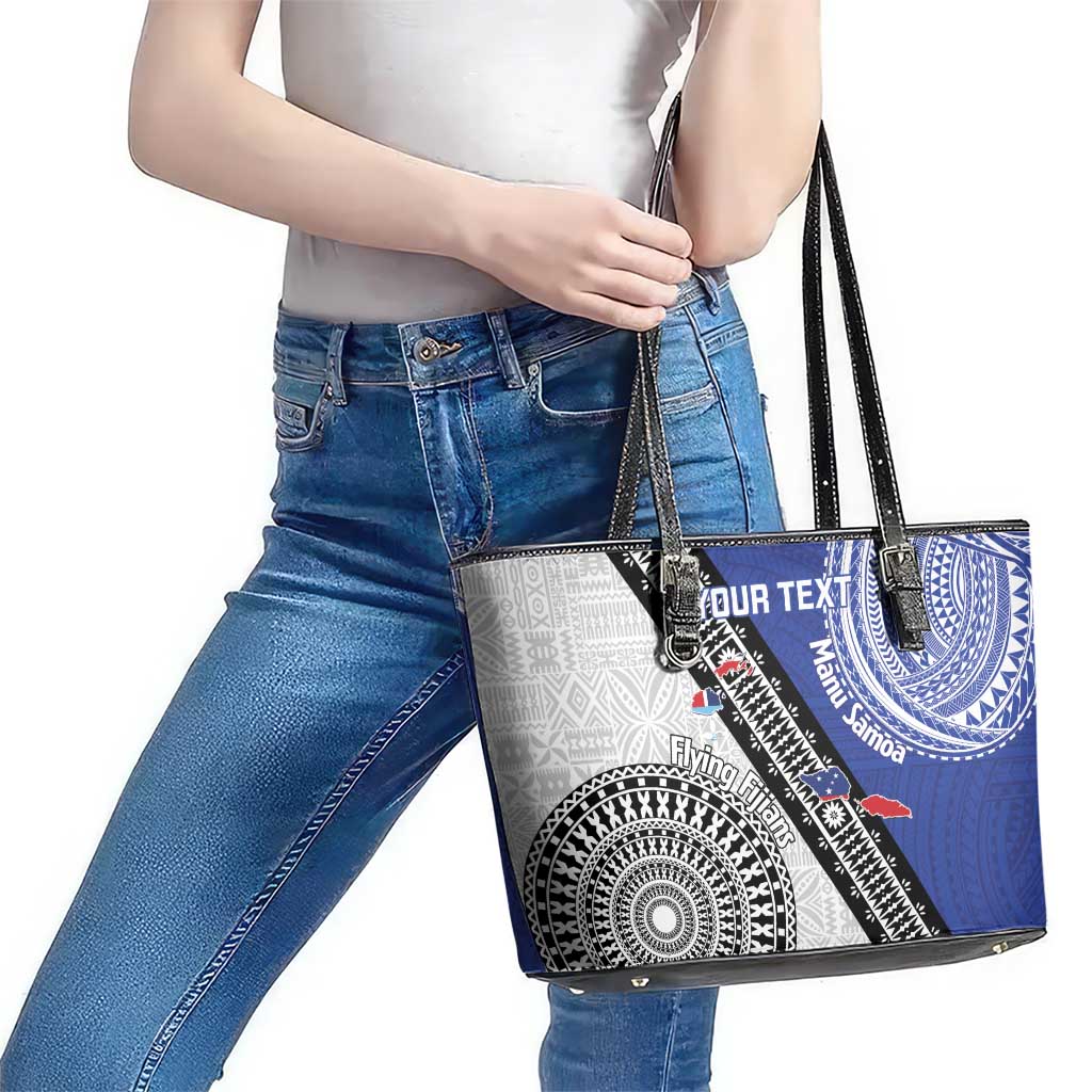 Fiji an Samoa Rugby Custom Leather Tote Bag Flying Fijians Manu Samoa Together Pacific - Polynesian Pride