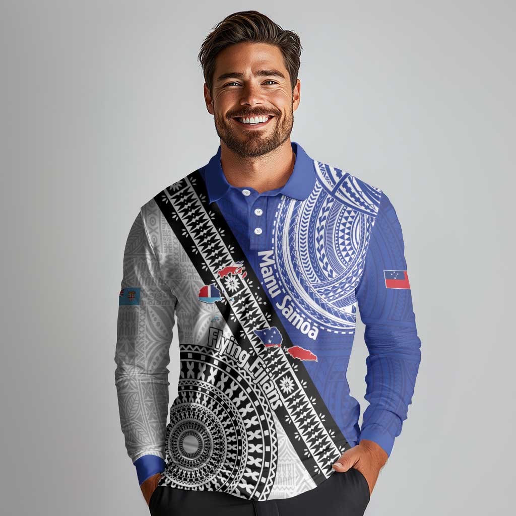 Fiji an Samoa Rugby Custom Long Sleeve Polo Shirt Flying Fijians Manu Samoa Together Pacific - Polynesian Pride