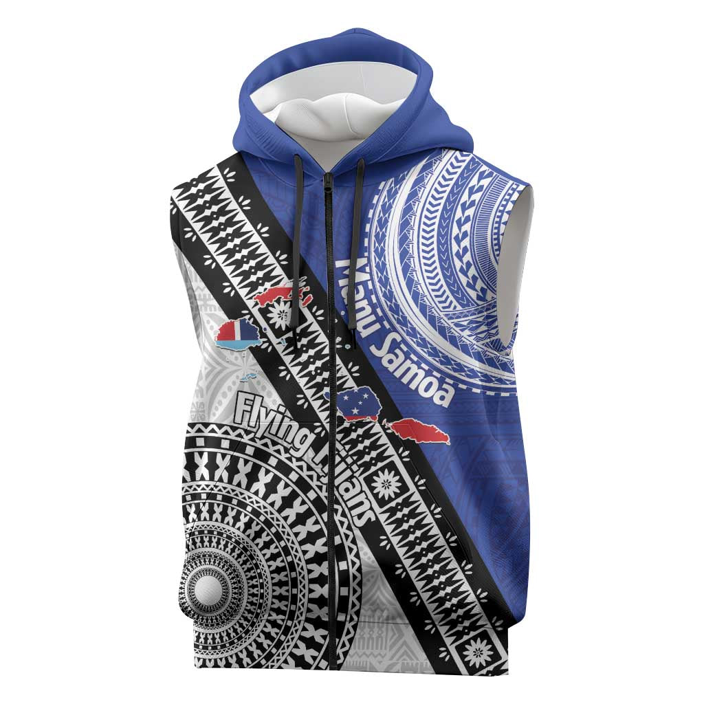Fiji an Samoa Rugby Custom Sleeveless Zip Hoodie Flying Fijians Manu Samoa Together Pacific LT14 Blue - Polynesian Pride