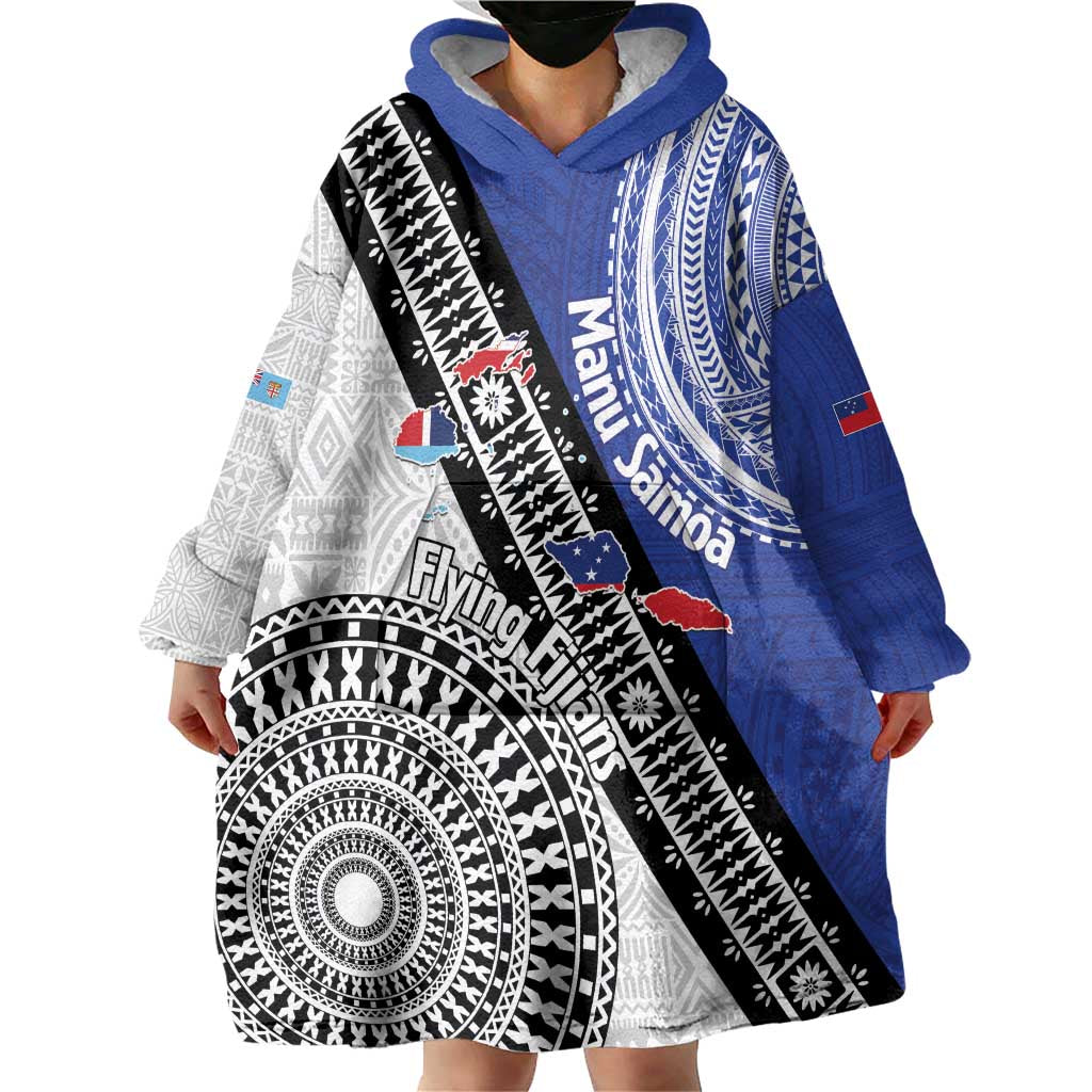 Fiji an Samoa Rugby Custom Wearable Blanket Hoodie Flying Fijians Manu Samoa Together Pacific LT14 - Polynesian Pride