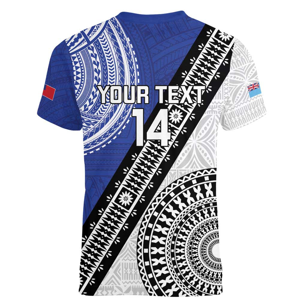 Fiji an Samoa Rugby Custom Women V-Neck T-Shirt Flying Fijians Manu Samoa Together Pacific - Polynesian Pride