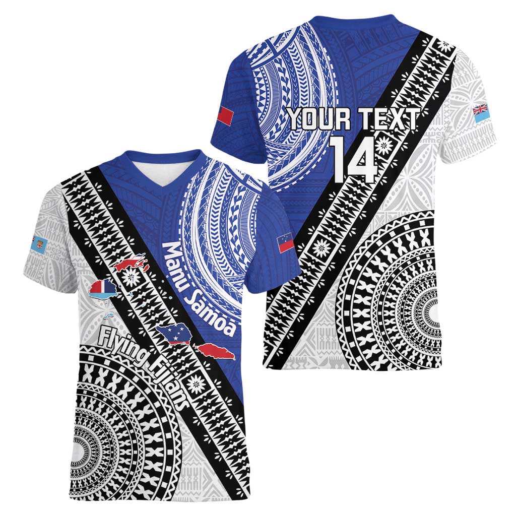 Fiji an Samoa Rugby Custom Women V-Neck T-Shirt Flying Fijians Manu Samoa Together Pacific - Polynesian Pride